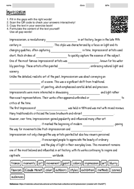 Worksheet With The Topic Impressionism Materials School